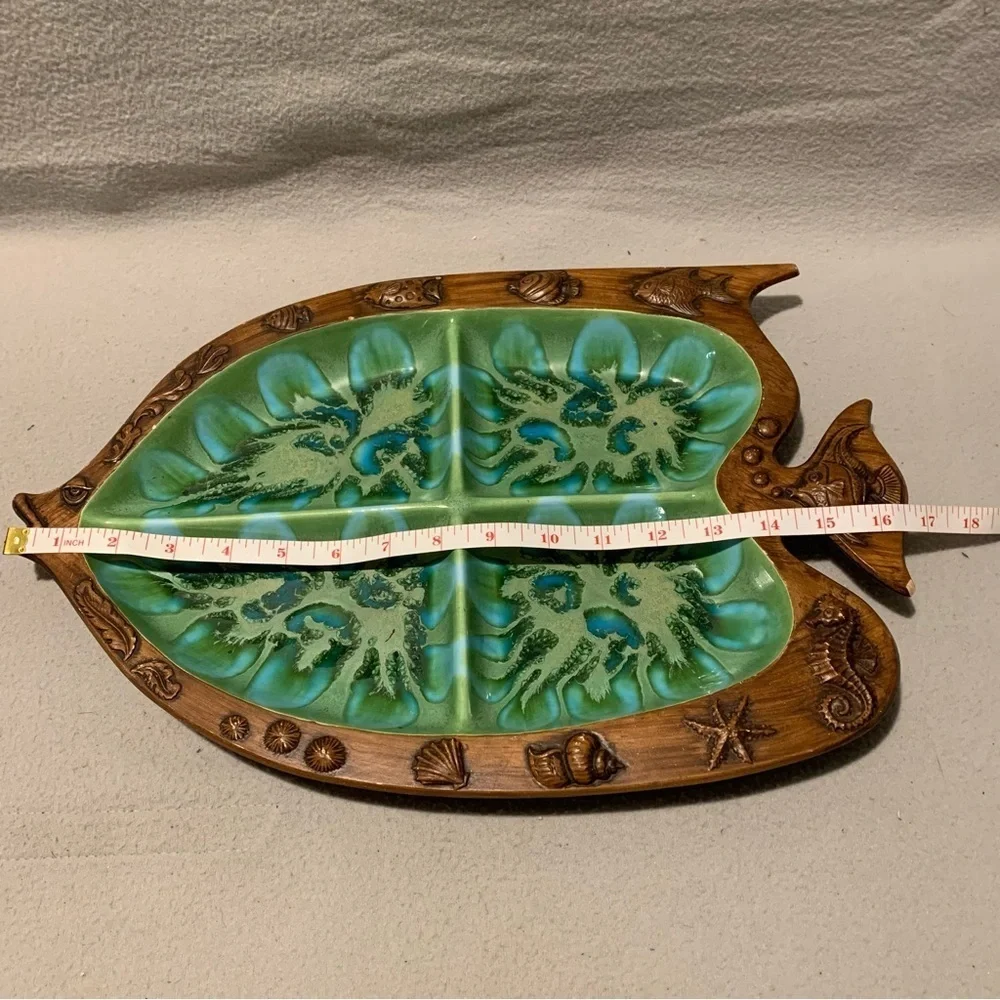 Vintage Treasure Craft Fish Serving Platter Divided 390 Tiki Green Made In USA